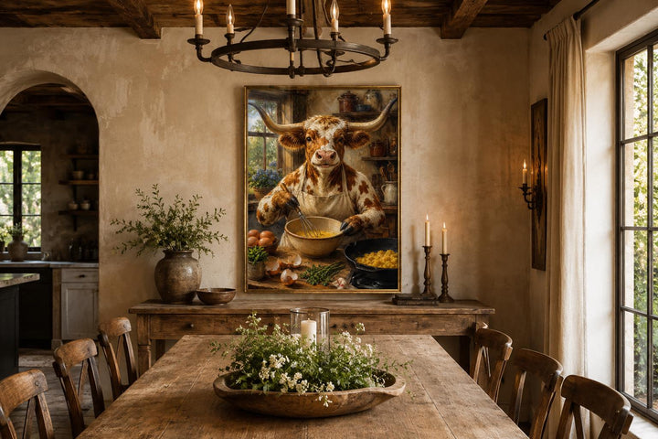 Longhorn cow chef cooking eggs wall art in a rustic farmhouse dining room setting.