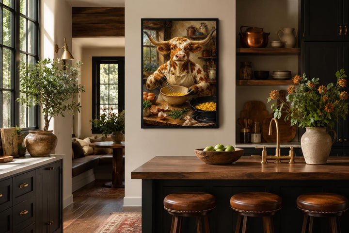 Longhorn cow chef canvas art in a rustic kitchen above a wooden island with leather stools.
