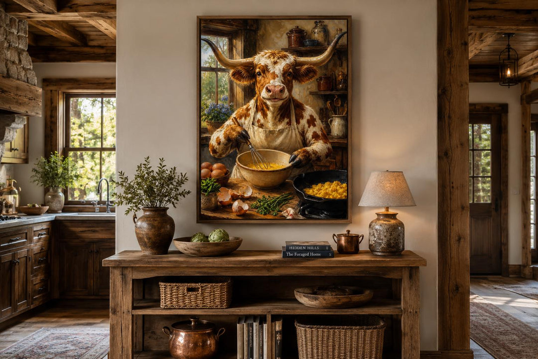 Longhorn Cow Chef wall art in a rustic kitchen, whisking eggs in a bowl on a farmhouse table.