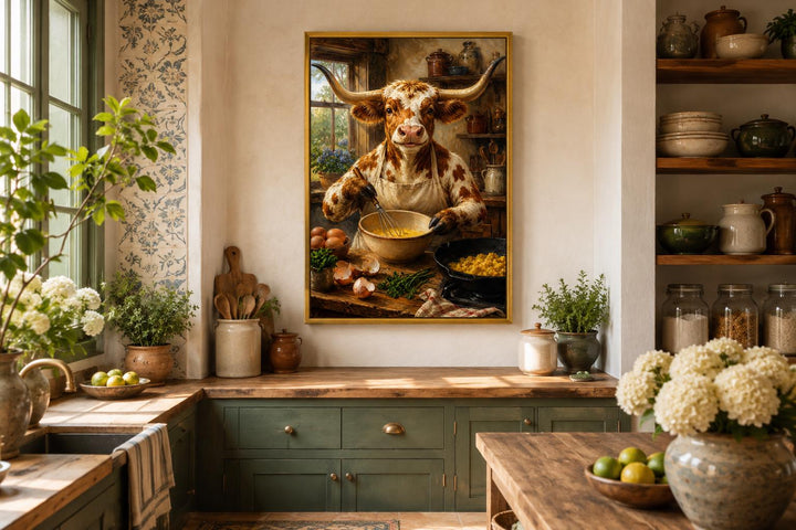 Longhorn cow chef cooking eggs wall art in a rustic farmhouse kitchen setting.