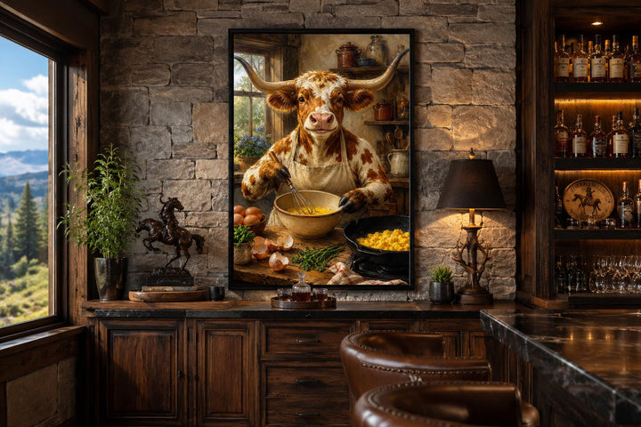 Longhorn cow chef cooking eggs in a rustic farmhouse kitchen wall art in a home bar setting.