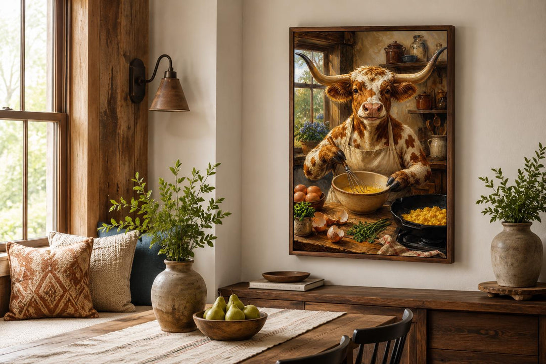 Framed wall art of a longhorn cow chef whisking eggs in a rustic farmhouse kitchen setting.