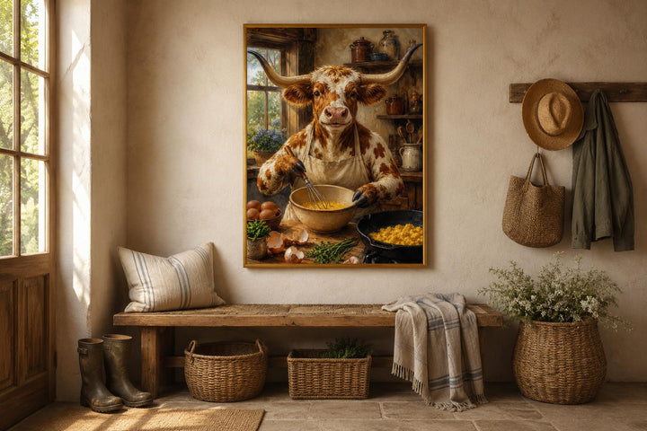 Longhorn cow chef canvas art in a rustic kitchen setting above a wooden bench with baskets.
