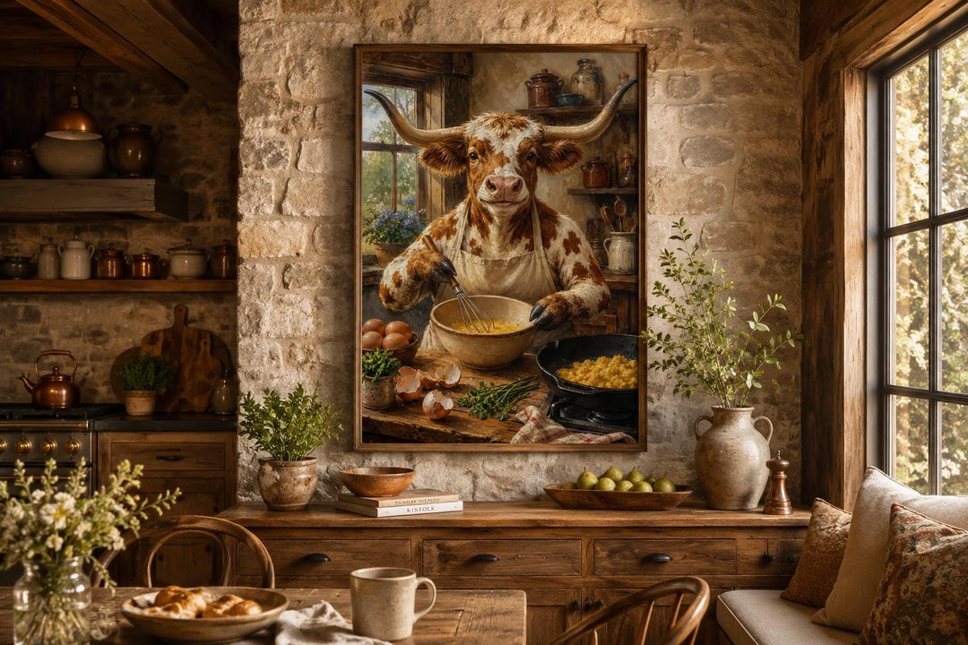 Longhorn cow chef wall art in a rustic farmhouse kitchen, whisking eggs in a cozy stone setting.