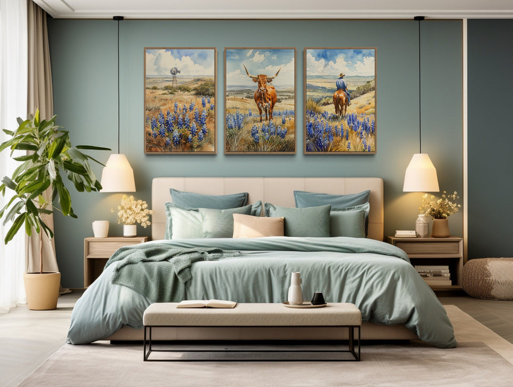 Longhorn Cow, Cowboy And Windmill In Bluebonnets Field Texas Landscape Wall Art-Wall Decor Delights