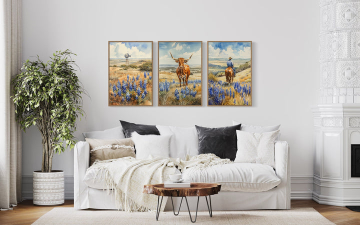 Longhorn Cow, Cowboy And Windmill In Bluebonnets Field Texas Landscape Wall Art