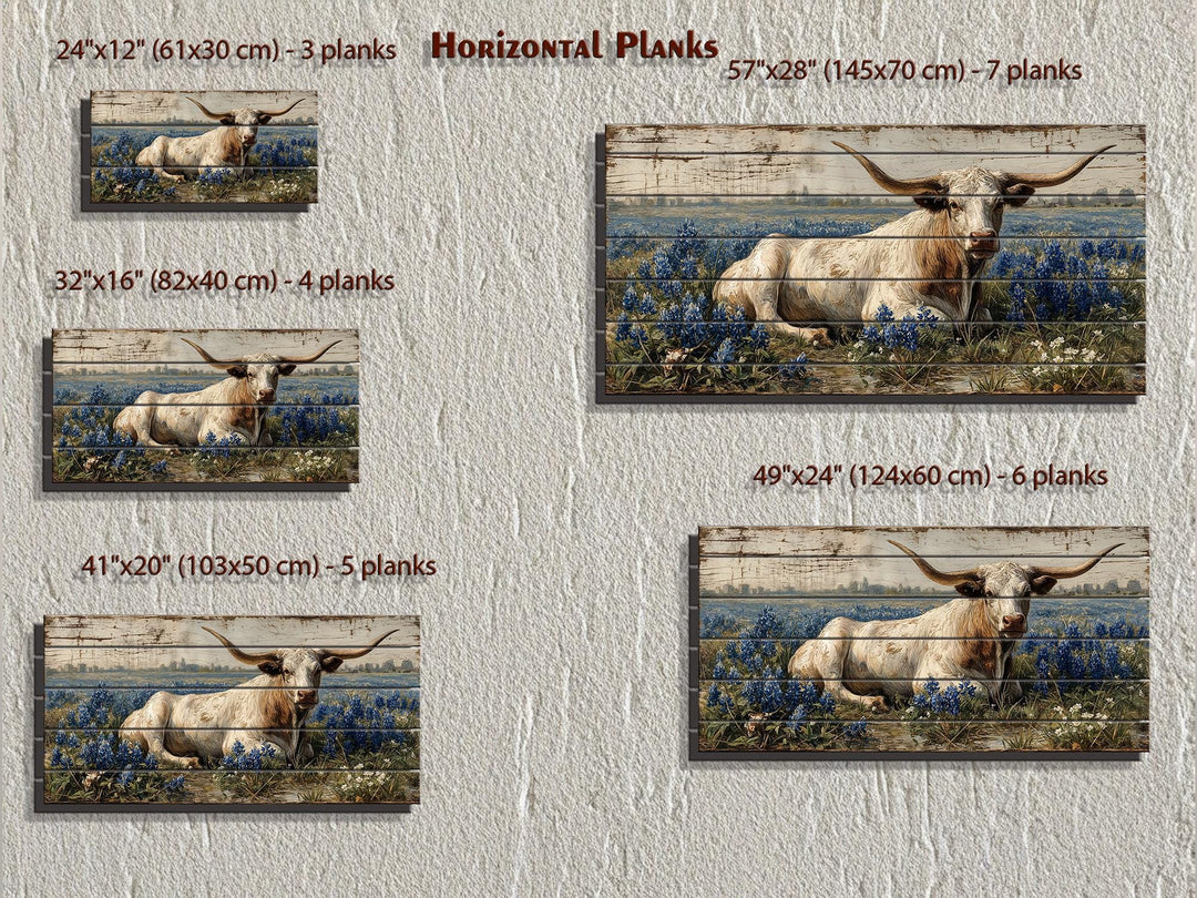 Longhorn in bluebonnet field distressed wood wall art shown in five horizontal plank size options.