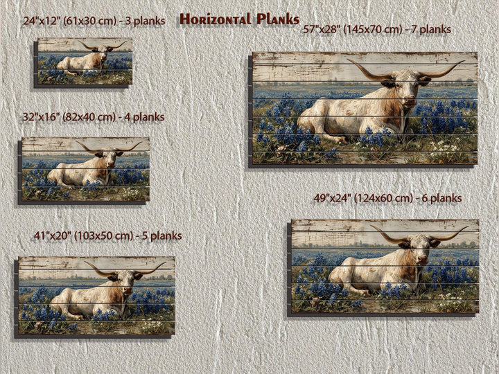 Longhorn in bluebonnet field distressed wood wall art shown in five horizontal plank size options.