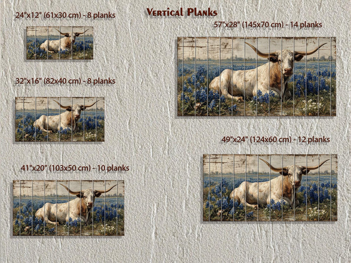 Longhorn in bluebonnet field distressed wood wall art shown in five different sizes and plank counts.
