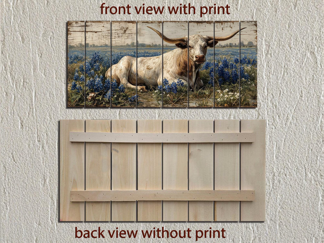 Longhorn in bluebonnet field distressed wood wall art shown in front and back views.