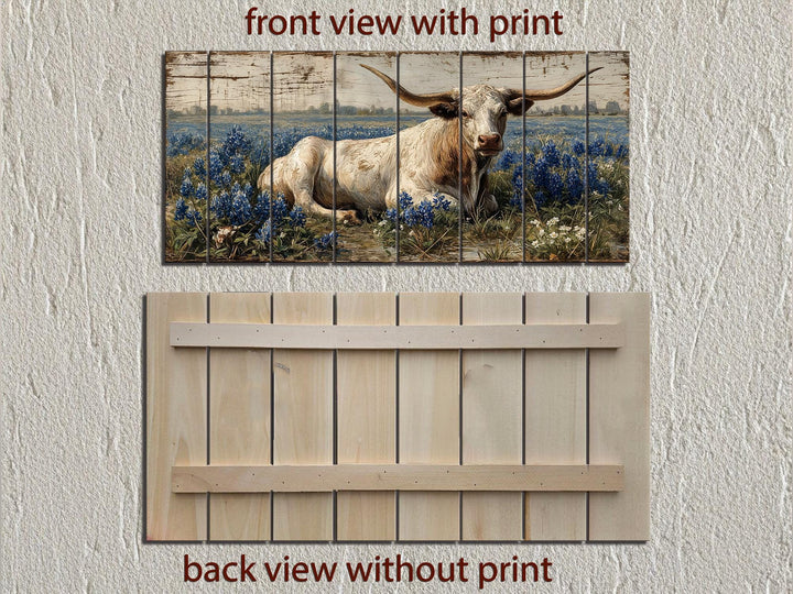Longhorn in bluebonnet field distressed wood wall art shown in front and back views.