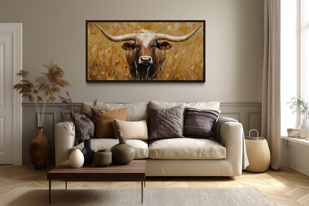 Longhorn In Tall Grass, Neutral Brown Canvas Wall Art