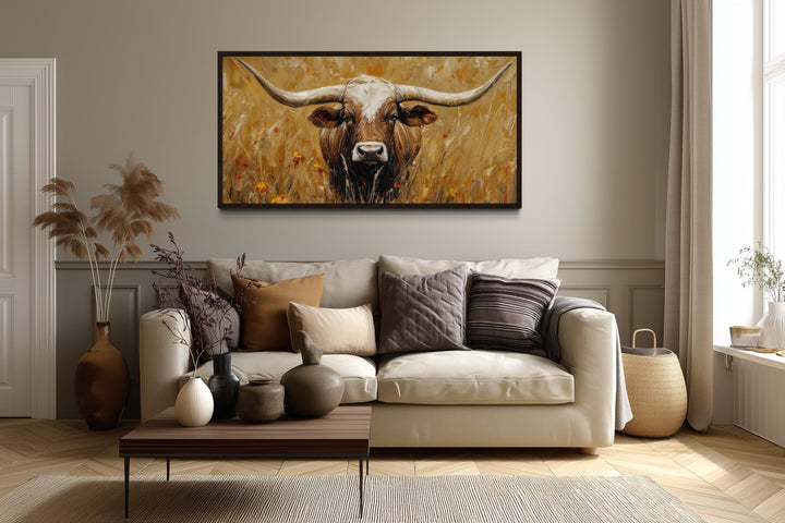 Longhorn In Tall Grass, Neutral Brown Canvas Wall Art