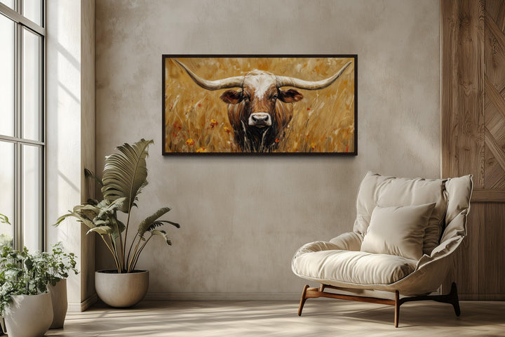 Longhorn In Tall Grass, Neutral Brown Canvas Wall Art