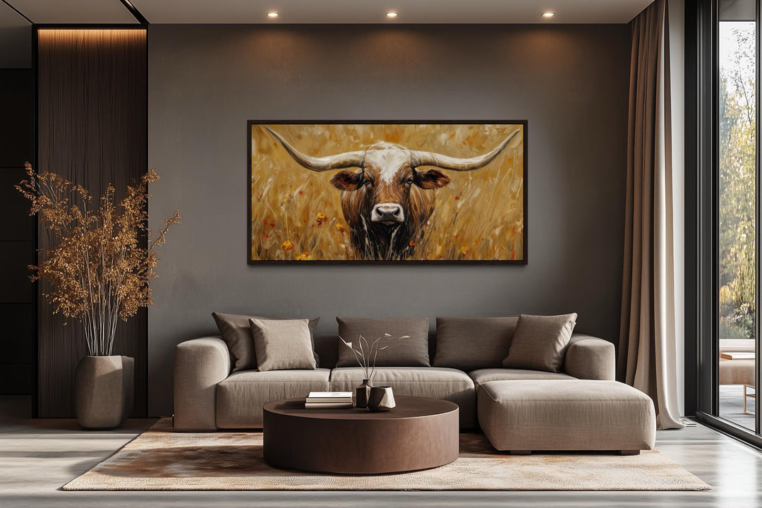 Longhorn In Tall Grass, Neutral Brown Canvas Wall Art