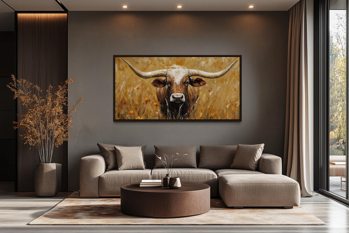 Longhorn In Tall Grass, Neutral Brown Canvas Wall Art