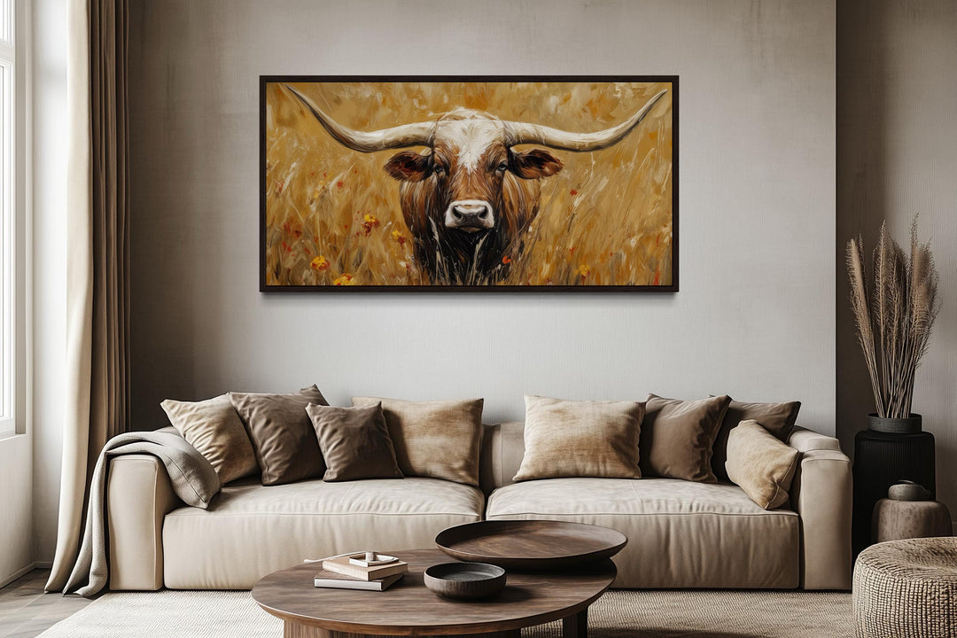 Longhorn In Tall Grass, Neutral Brown Canvas Wall Art