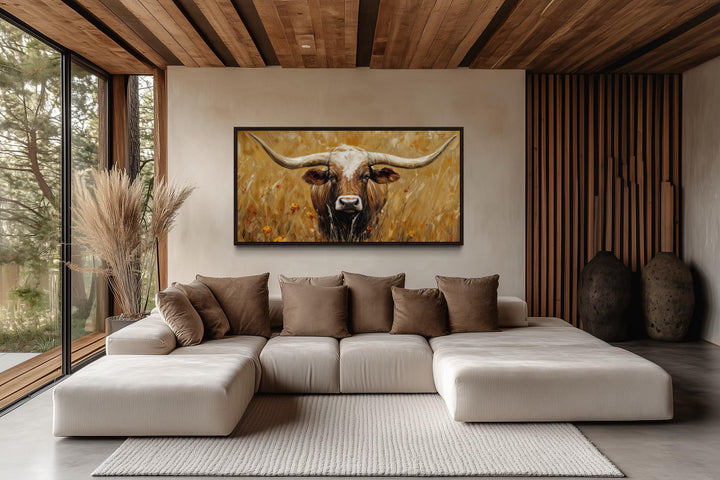 Longhorn In Tall Grass, Neutral Brown Canvas Wall Art
