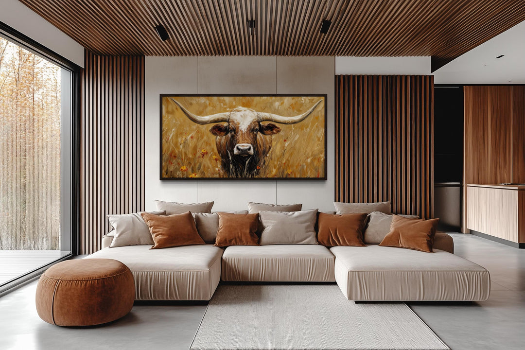 Longhorn In Tall Grass, Neutral Brown Canvas Wall Art