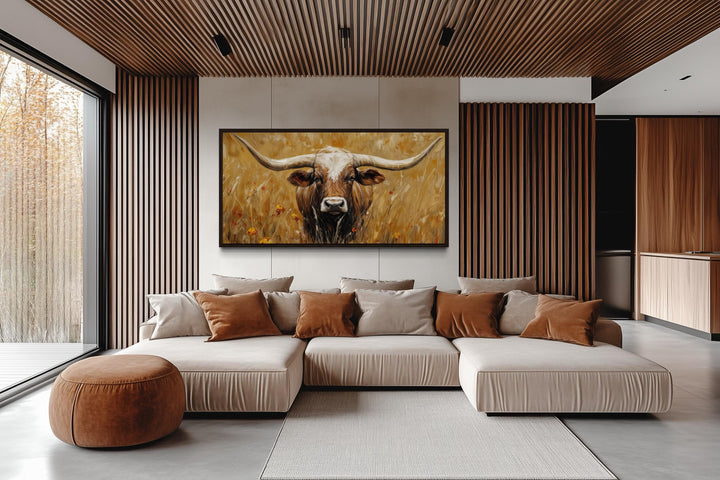 Longhorn In Tall Grass, Neutral Brown Canvas Wall Art