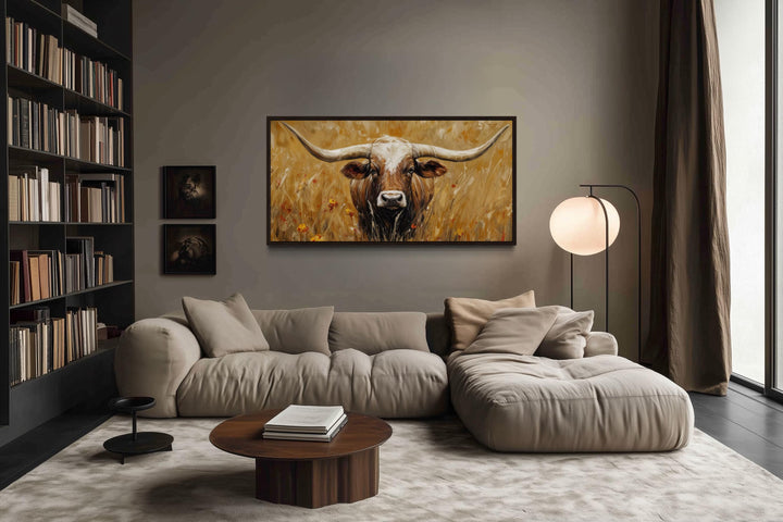 Longhorn In Tall Grass, Neutral Brown Canvas Wall Art