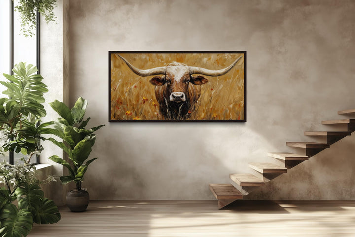 Longhorn In Tall Grass, Neutral Brown Canvas Wall Art