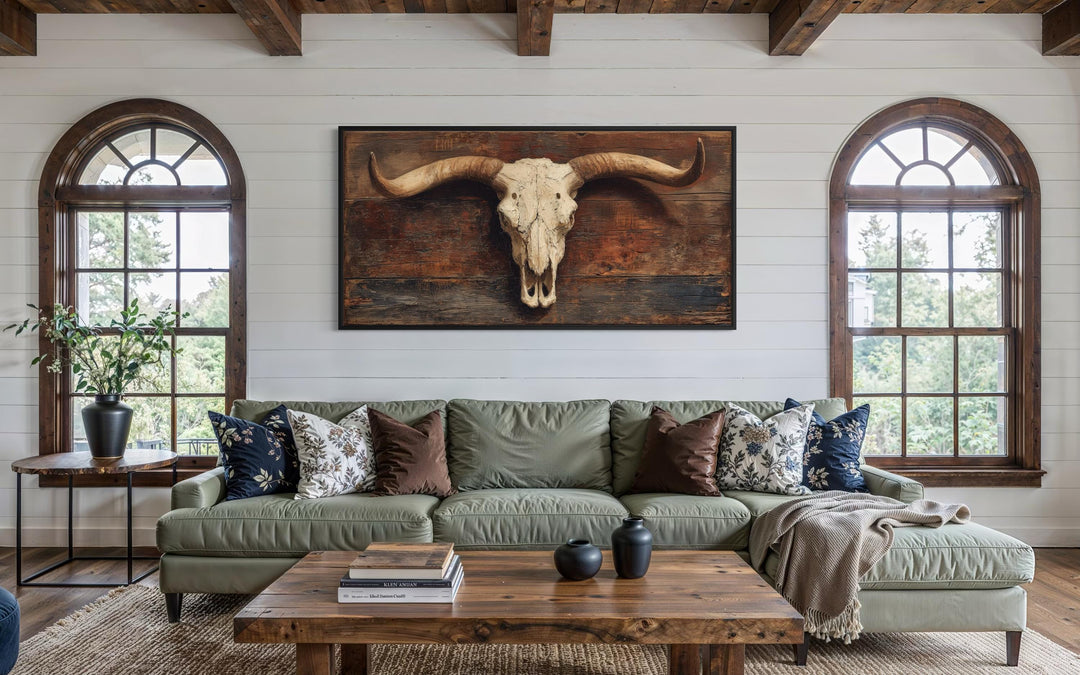 Extra large longhorn skull canvas wall art on a rustic brown background for western home decor.