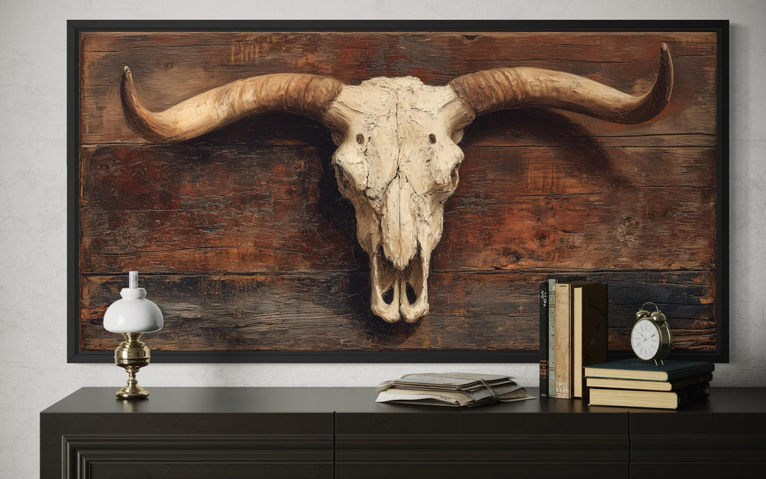 Extra large longhorn skull canvas wall art with a rustic brown wood-textured background.
