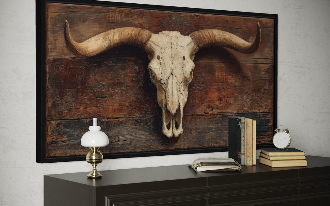Extra large longhorn skull canvas wall art on a textured brown background for western decor.