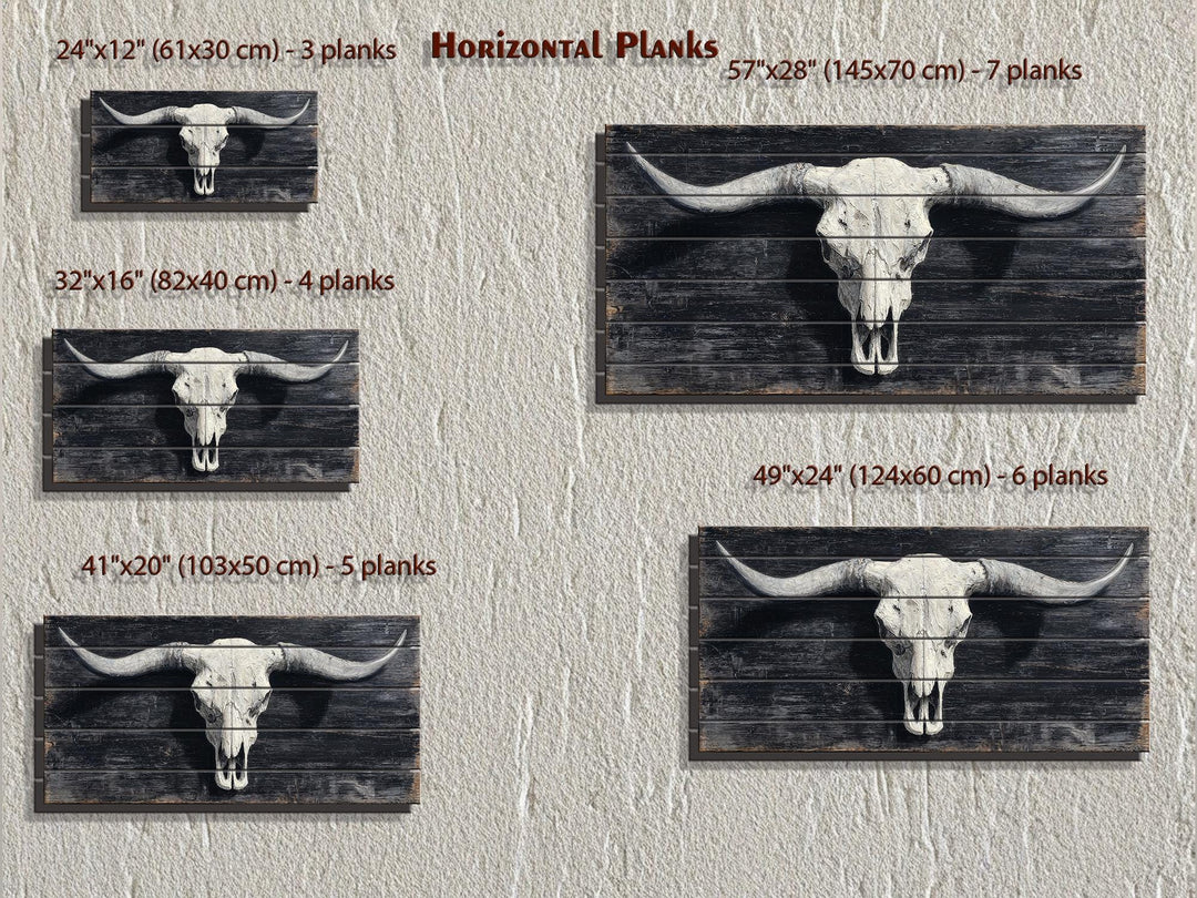 Rustic longhorn skull wall art printed on horizontal wood planks in five different sizes.