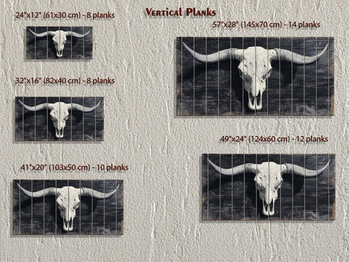 A rustic longhorn skull print on vertical wood planks, shown in five different sizes.