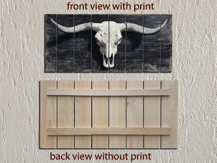 Rustic longhorn skull wall art printed on a horizontal distressed wood panel.