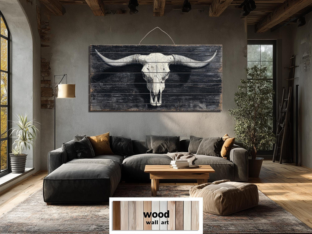A wide horizontal longhorn bull skull print on distressed wood panels for rustic western wall decor.