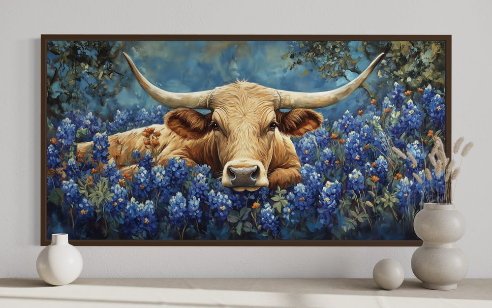 Longhorn in Bluebonnets Rustic Farmhouse Canvas Wall Art close up