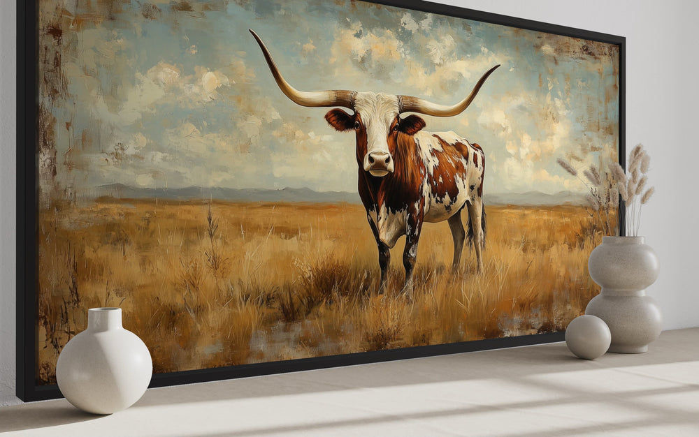 Longhorn in Open Prairie Rustic Farmhouse Canvas Wall Art side view