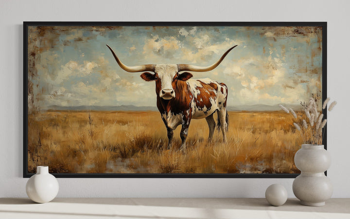 Longhorn in Open Prairie Rustic Farmhouse Canvas Wall Art