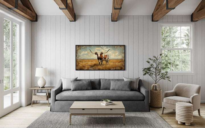 Longhorn in Open Prairie Rustic Farmhouse Canvas Wall Art