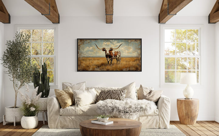 Longhorn in Open Prairie Rustic Farmhouse Canvas Wall Art