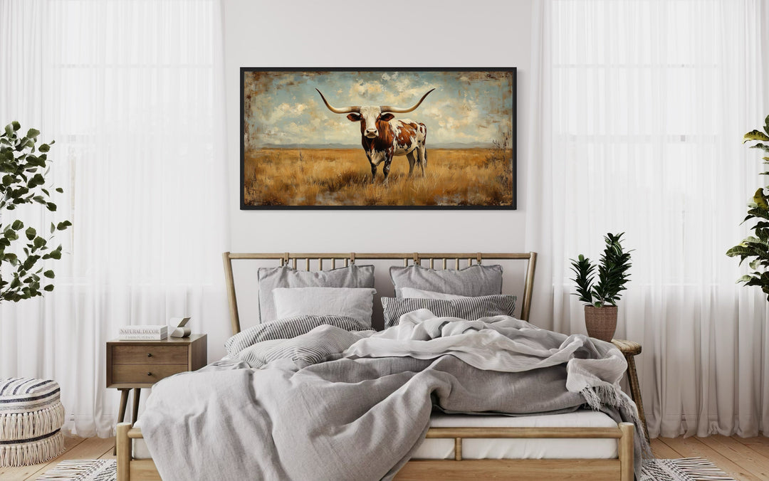 Longhorn in Open Prairie Rustic Farmhouse Canvas Wall Art