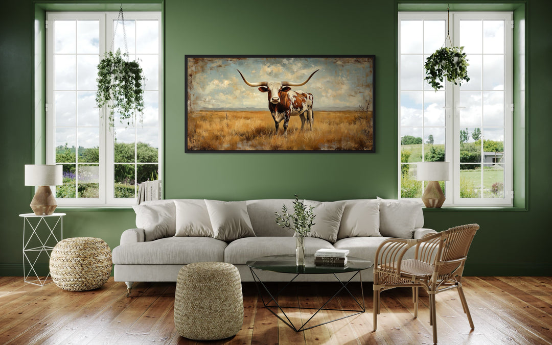 Longhorn in Open Prairie Rustic Farmhouse Canvas Wall Art