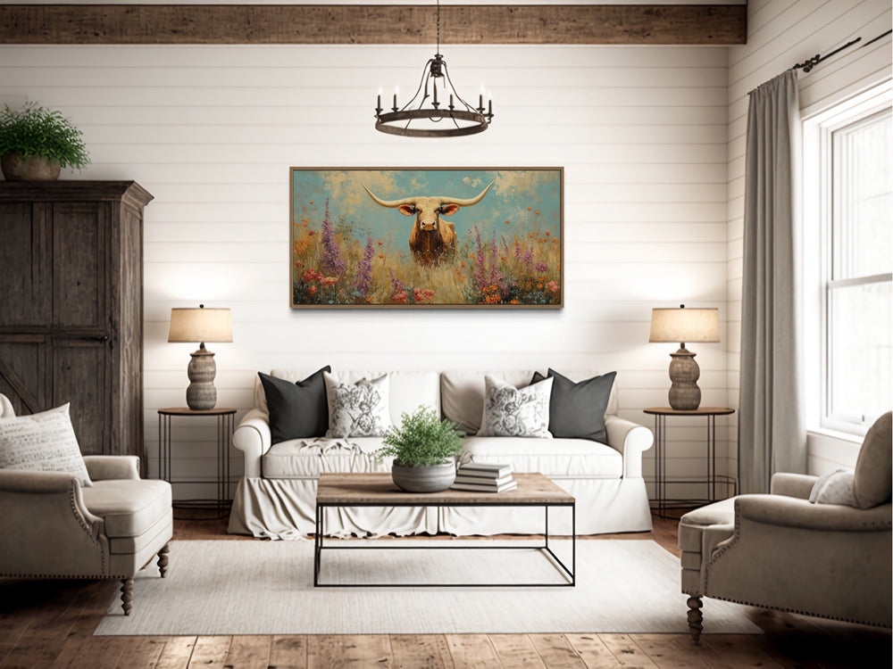 Longhorn in Wildflower Field Rustic Farmhouse Canvas Wall Art in rustic living room