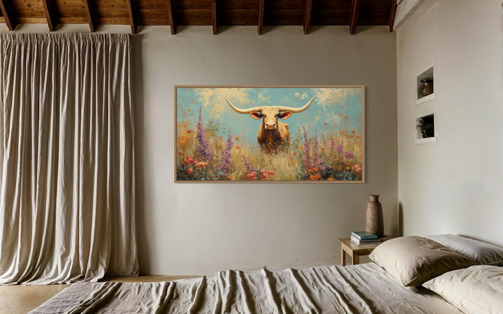 Longhorn in Wildflower Field Rustic Farmhouse Canvas Wall Art