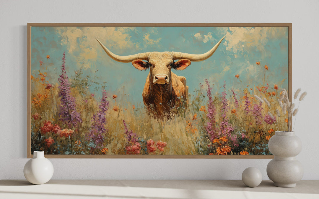 Longhorn in Wildflower Field Rustic Farmhouse Canvas Wall Art