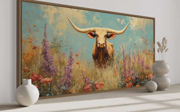 Longhorn in Wildflower Field Rustic Farmhouse Canvas Wall Art