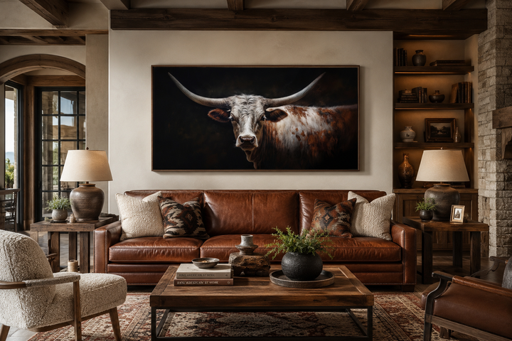 Longhorn bull canvas wall art with sweeping horns on a dark background above a leather sofa.
