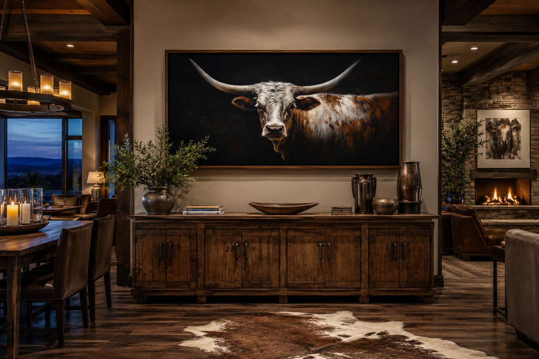Longhorn bull portrait canvas print with sweeping horns on a dark background in a rustic room.