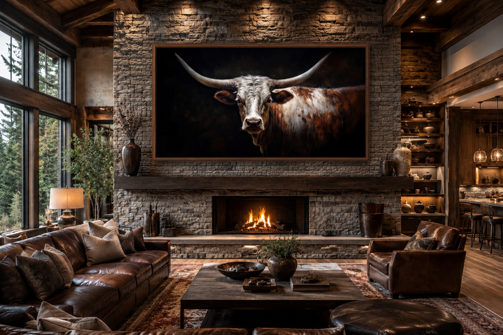 Longhorn bull portrait canvas art with sweeping horns above a fireplace in a rustic living room.