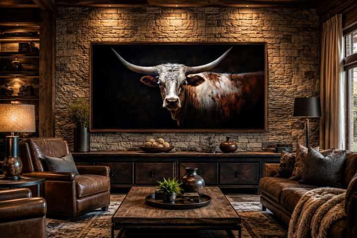 Longhorn bull portrait canvas with sweeping horns on a dark background in a rustic living room.