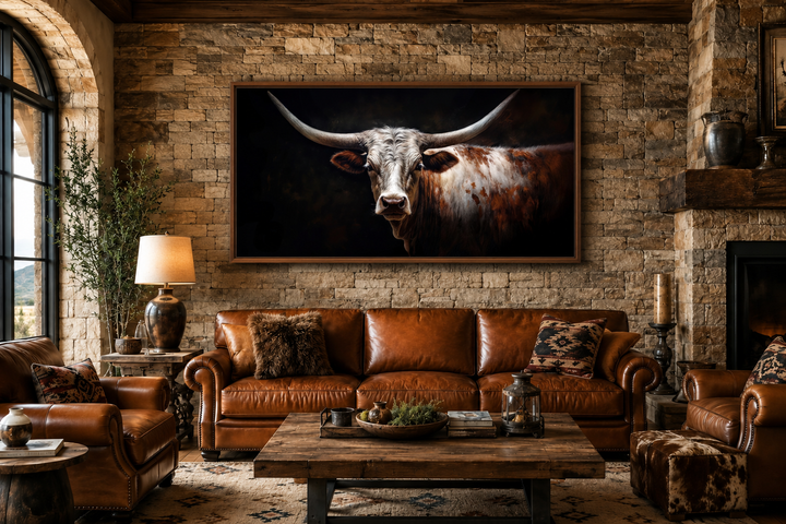 Longhorn bull portrait canvas print with sweeping horns on a dark background in a rustic living room