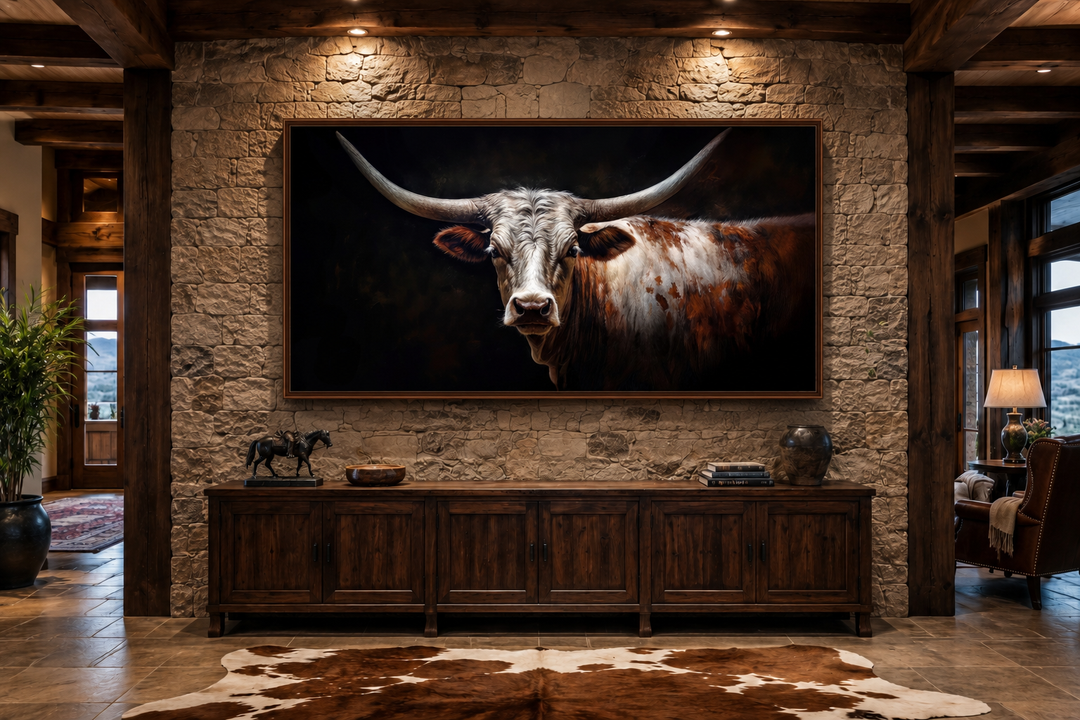 Longhorn bull portrait canvas print with sweeping horns on a dark background in a rustic room.